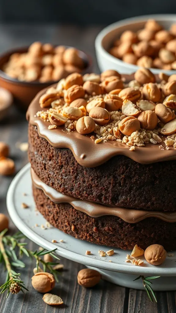 A delicious chocolate hazelnut cake topped with hazelnuts and chocolate frosting.