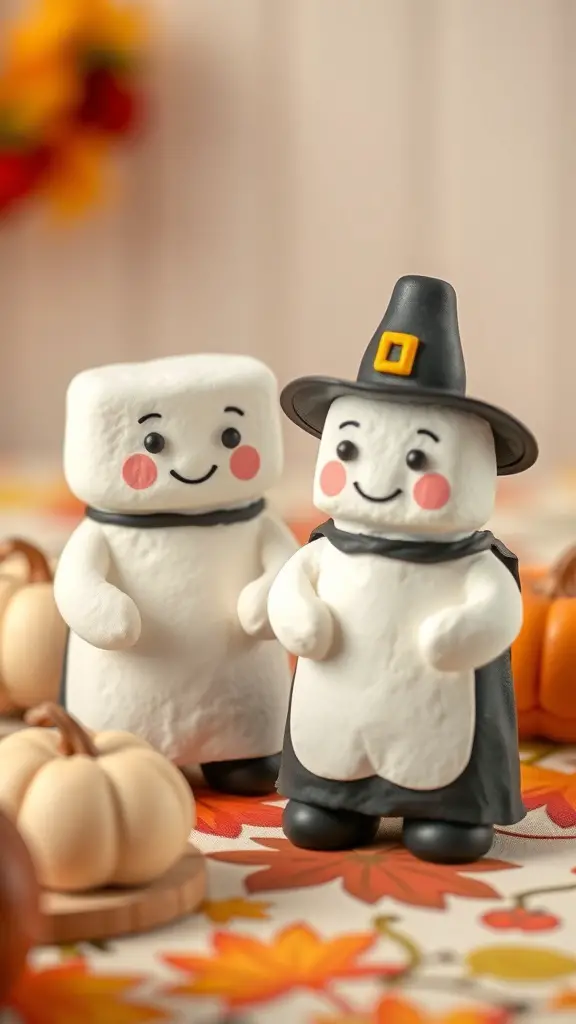Two cute marshmallow pilgrims, one wearing a black hat and cape, and the other plain, with a festive background.