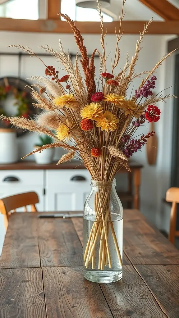 A vase filled with dried flowers and grasses on a wooden table.