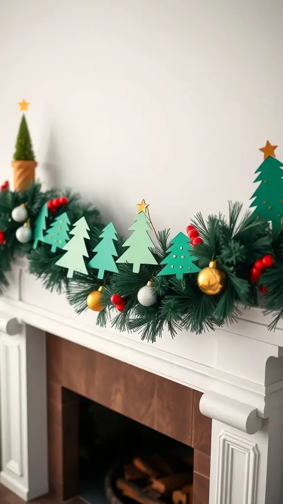 A colorful Christmas tree garland made of paper trees and ornaments, displayed on a mantel.