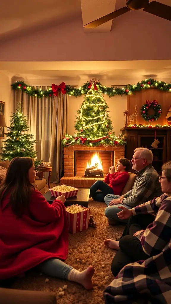 23+ Festive Christmas Event Ideas for a Joyous Celebration 10 A cozy living room decorated for Christmas, with a family enjoying a movie marathon by the fireplace.
