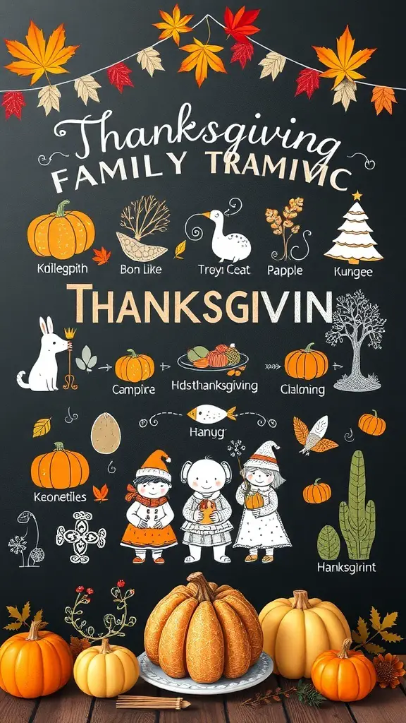 Chalkboard art depicting Thanksgiving family traditions with pumpkins and children.