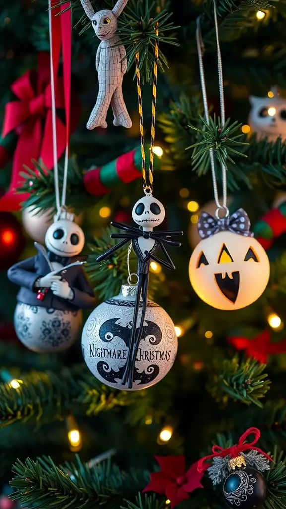 25+ Creative Nightmare Before Christmas Tree Ideas for Holiday Magic 12 A collection of Nightmare Before Christmas ornaments on a Christmas tree, featuring Jack Skellington and other characters.