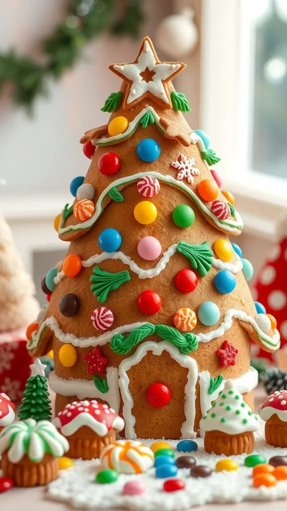 Colorful gingerbread Christmas tree decorated with candies and icing