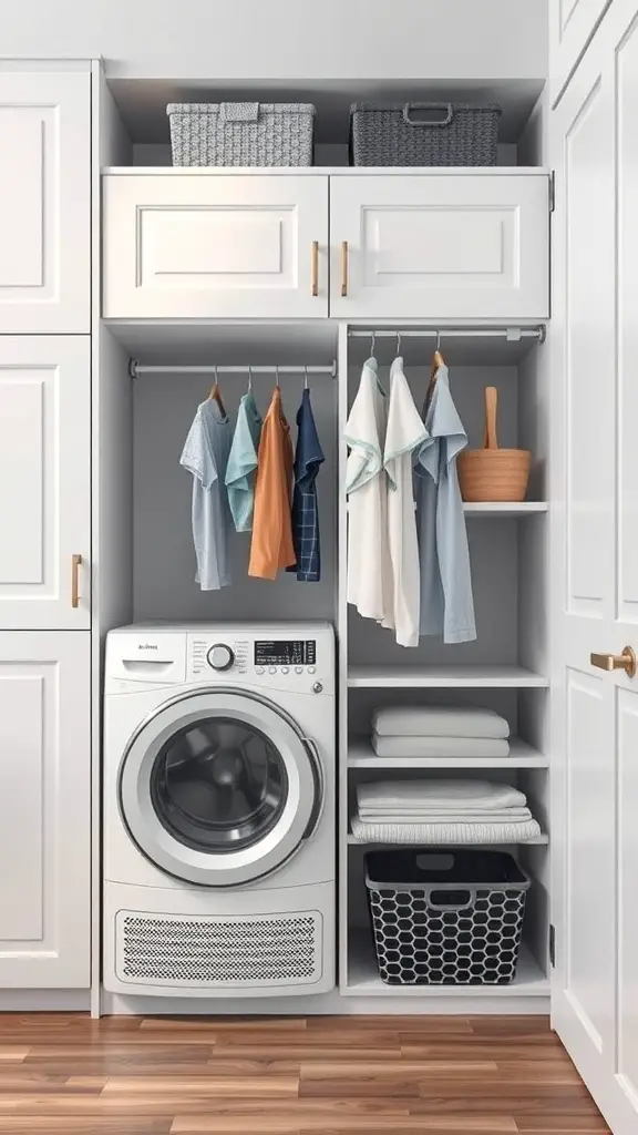 25+ Stunning Laundry Room Cabinet Ideas for a Chic and Organized Space 4 A modern laundry room with cabinets featuring an integrated drying rack above a washing machine, showcasing organized storage and a clean design.
