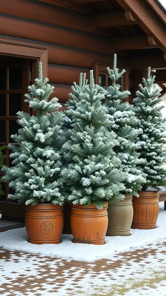 Snowy pine trees in pots arranged outside a log cabin