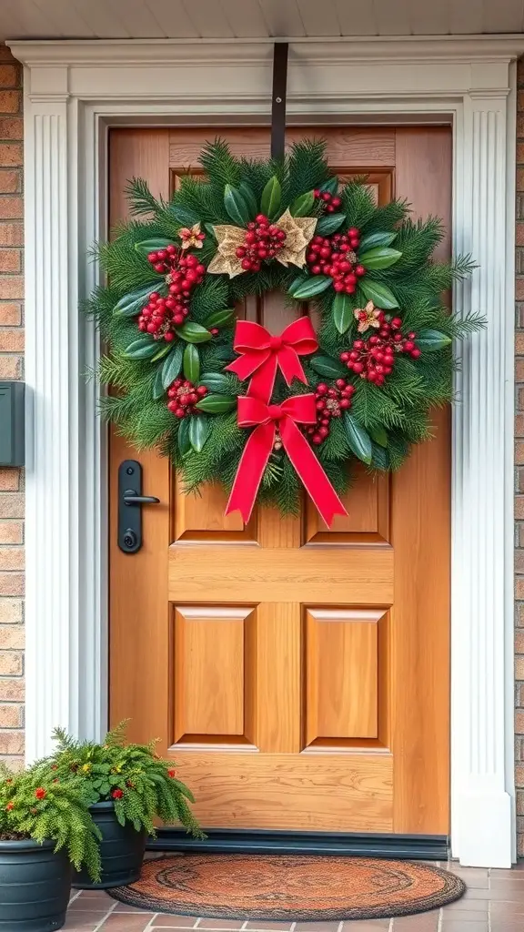 A festive wreath with red berries and a big red bow on a wooden front door.