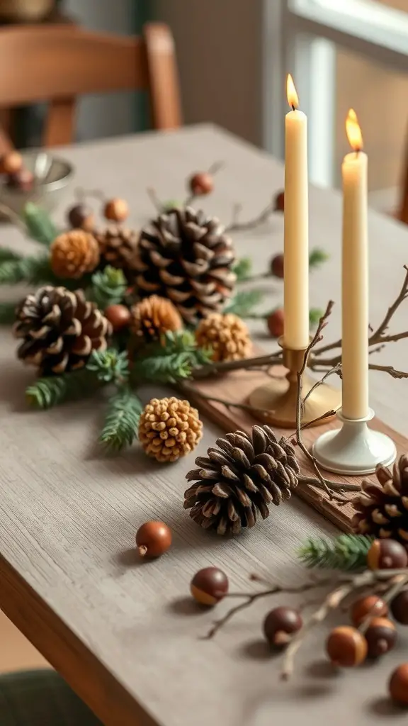 A Thanksgiving table set with pinecones, candles, and natural accents.
