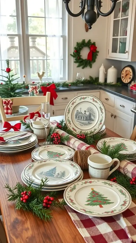 A charming kitchen table decorated with vintage Christmas plates, a table runner, and festive greenery.