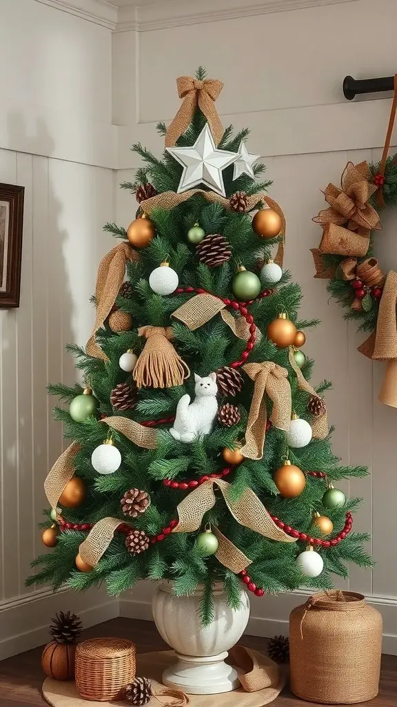 A rustic farmhouse style Christmas tree decorated with burlap ribbons, ornaments, and pinecones.