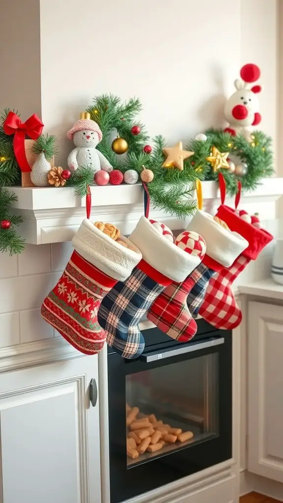 A row of colorful Christmas stockings hanging on a kitchen mantel, decorated with festive ornaments and greenery.