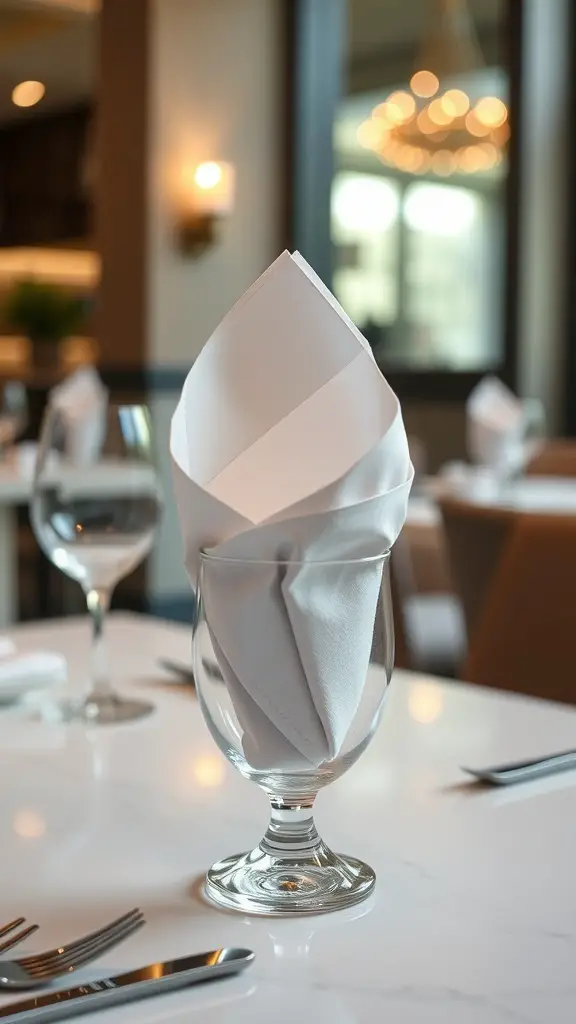Accordion folded napkin in a glass on a dining table