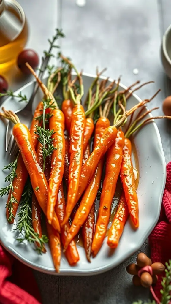 25+ Must-Try Thanksgiving Side Dishes You Need This Year 12 A plate of glazed carrots with honey and thyme, garnished with fresh thyme sprigs.
