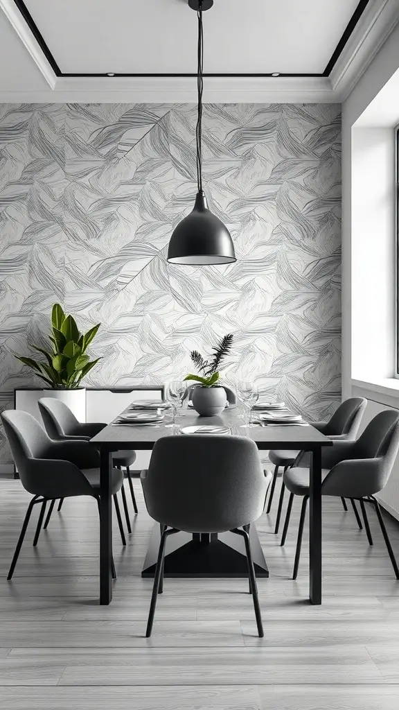 29+ Stunning Dining Room Wallpaper Ideas to Transform Your Space 8 A modern dining room with monochrome wallpaper featuring a leaf pattern, black pendant light, and a stylish table setting.