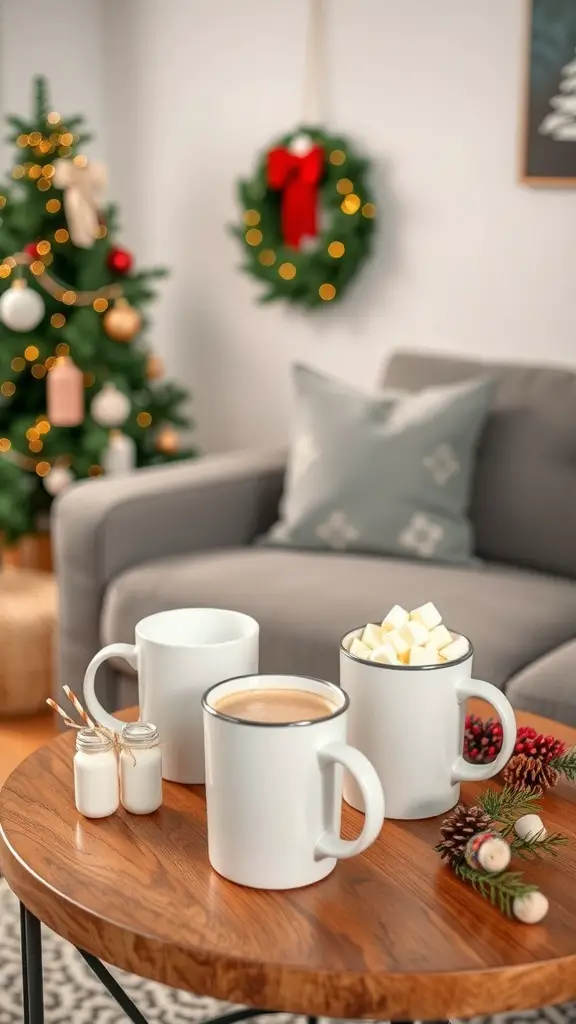 A cozy hot cocoa station with mugs, marshmallows, and a decorated Christmas tree in the background.