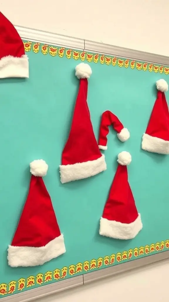 Colorful felt Santa hats displayed on a bulletin board