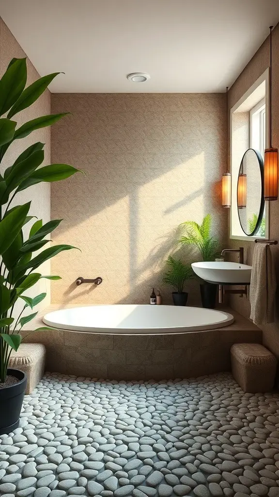 29+ Stunning Bathroom Flooring Ideas to Transform Your Space 3 A stylish bathroom featuring chic pebble stone flooring, a bathtub, and plants.