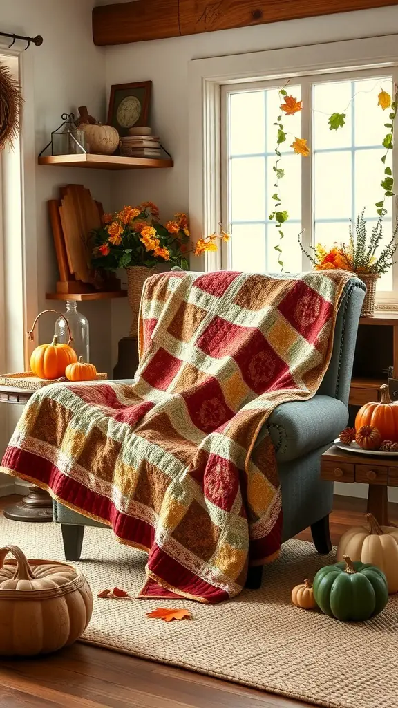A cozy chair with a colorful quilted throw, surrounded by pumpkins and autumn decor.