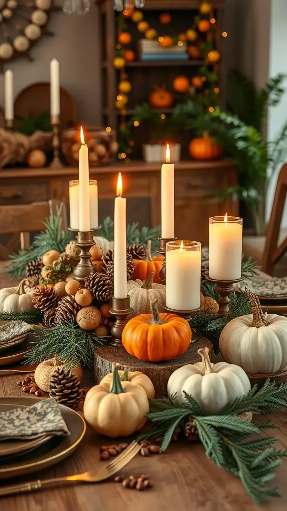 A beautifully arranged Thanksgiving table centerpiece featuring candles, pumpkins, and natural decorations.