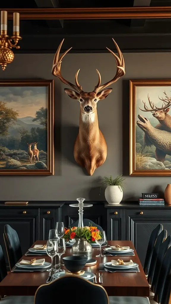 27+ Stunning Deer Mount Wall Arrangements for Every Home 9 A dining area featuring a deer mount on the wall, flanked by two landscape paintings, with a beautifully set table.