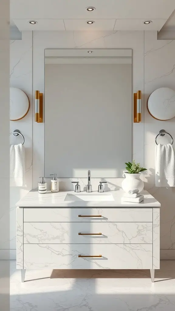 29+ Stunning Bathroom Vanity Ideas You’ll Love 8 A modern bathroom vanity featuring a luxurious marble top, sleek fixtures, and stylish decor.