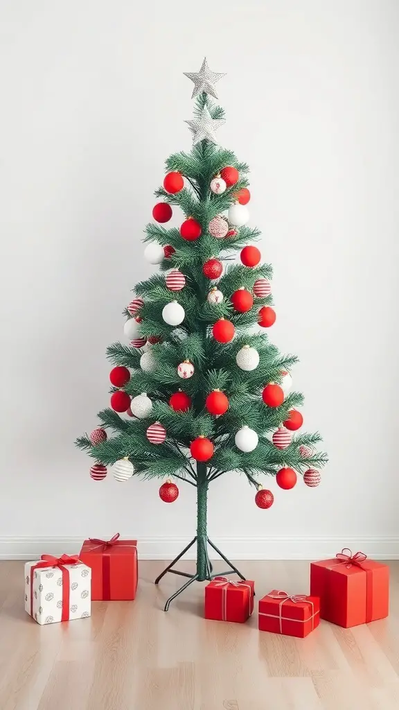 A minimalist red and white decorated Christmas tree with presents underneath.