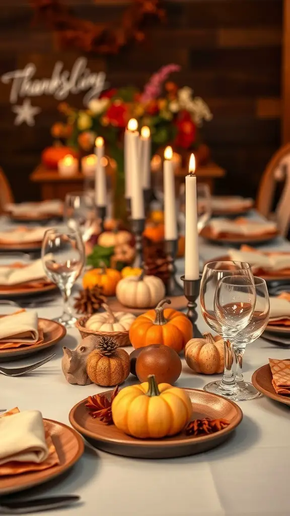 A beautifully set Friendsgiving table with pumpkins, candles, and seasonal decor.