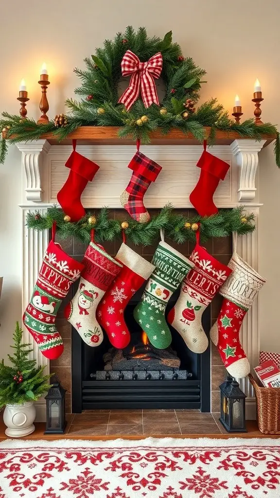 A cozy Christmas living room with a decorated fireplace and colorful stockings.