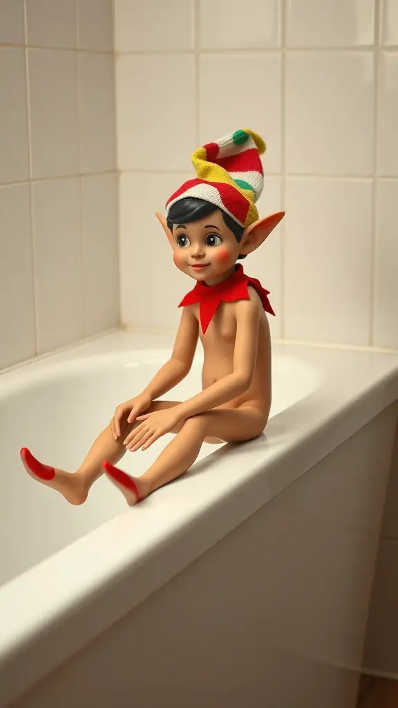 25+ Creative Elf on the Shelf Bathroom Ideas You Need to Try 10 Elf doll wearing a colorful shower cap sitting on the edge of a bathtub.