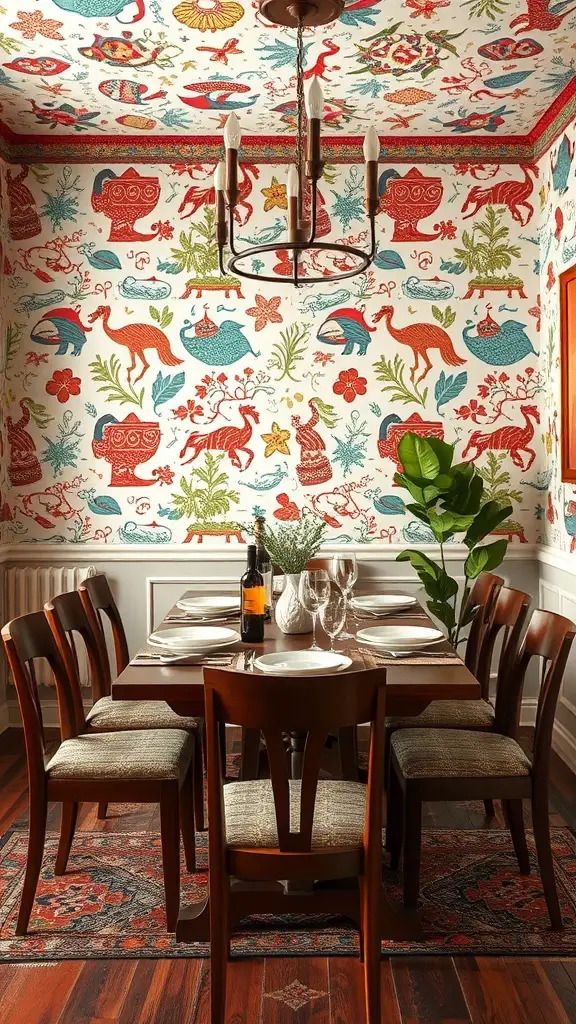 29+ Stunning Dining Room Wallpaper Ideas to Transform Your Space 15 A dining room with vibrant cultural prints on the wallpaper, featuring animals and plants in red, blue, and green.