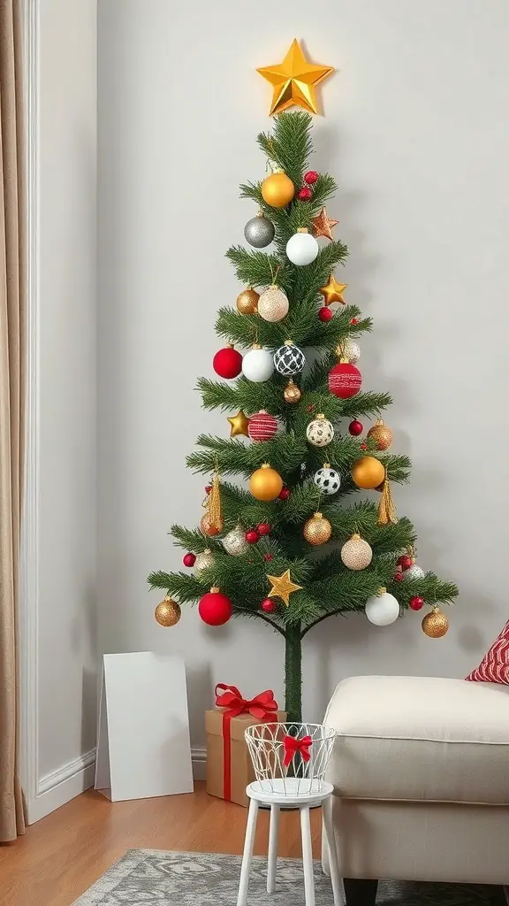 29+ Creative Wall Christmas Tree Ideas for a Festive Holiday Display 7 A decorated magnetic wall tree display with colorful ornaments and a star on top.