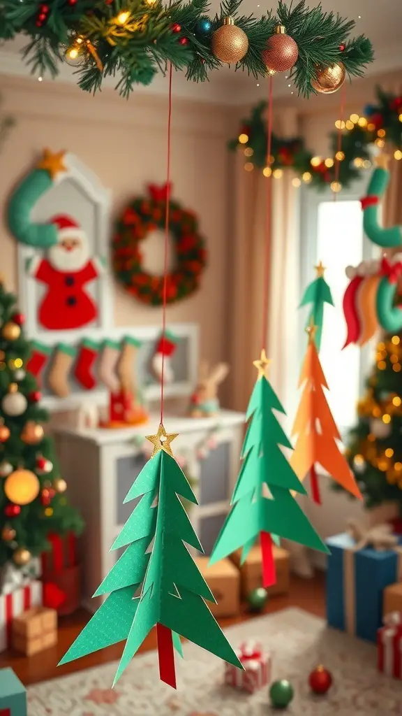 Colorful paper Christmas tree garland hanging in a festive room