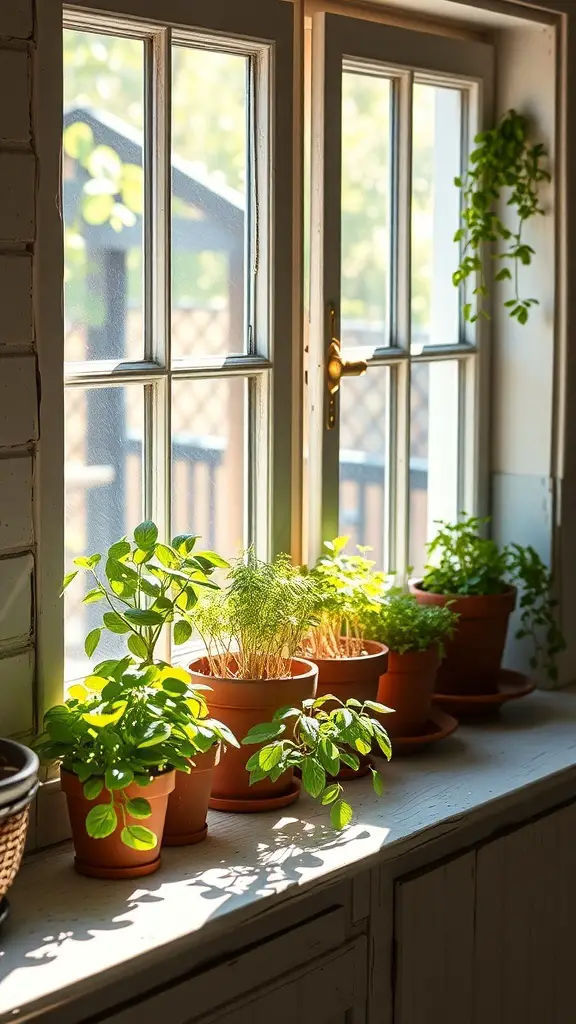 31+ Rustic Kitchen Design Ideas to Transform Your Space 14 A sunny windowsill filled with various potted herbs, including basil and dill, in a rustic kitchen.