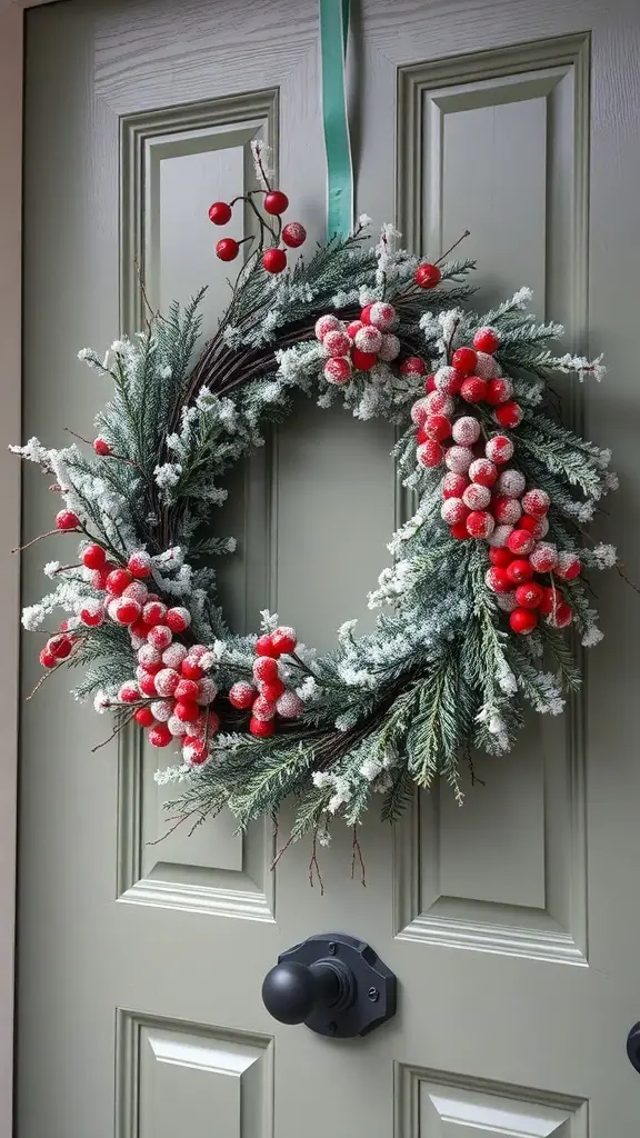 A frosted berry wreath with red berries and green foliage hanging on a door.