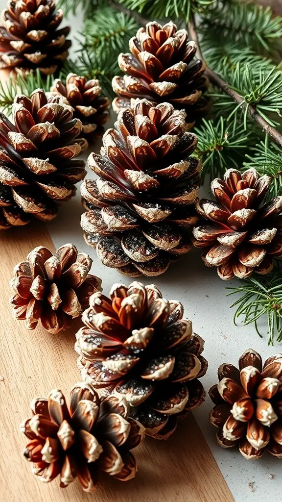 Decorated pinecones arranged with greenery