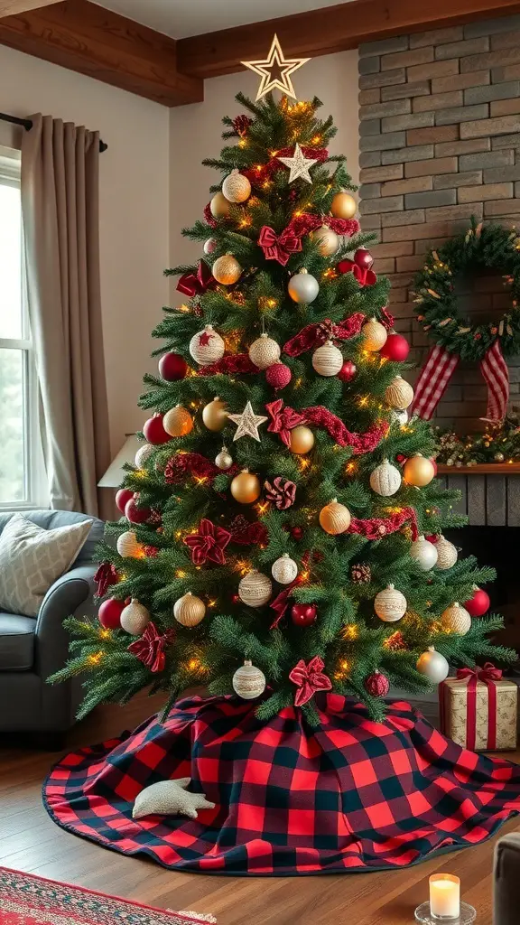 A beautifully decorated Christmas tree with a rustic buffalo plaid tree skirt.