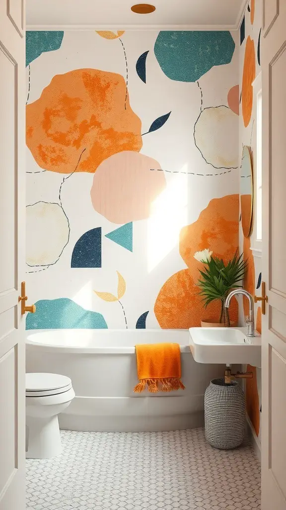 27+ Stunning Mid Century Modern Bathroom Ideas You'll Love 14 A mid-century modern bathroom featuring bold wallpaper with abstract shapes in orange, teal, and pink.