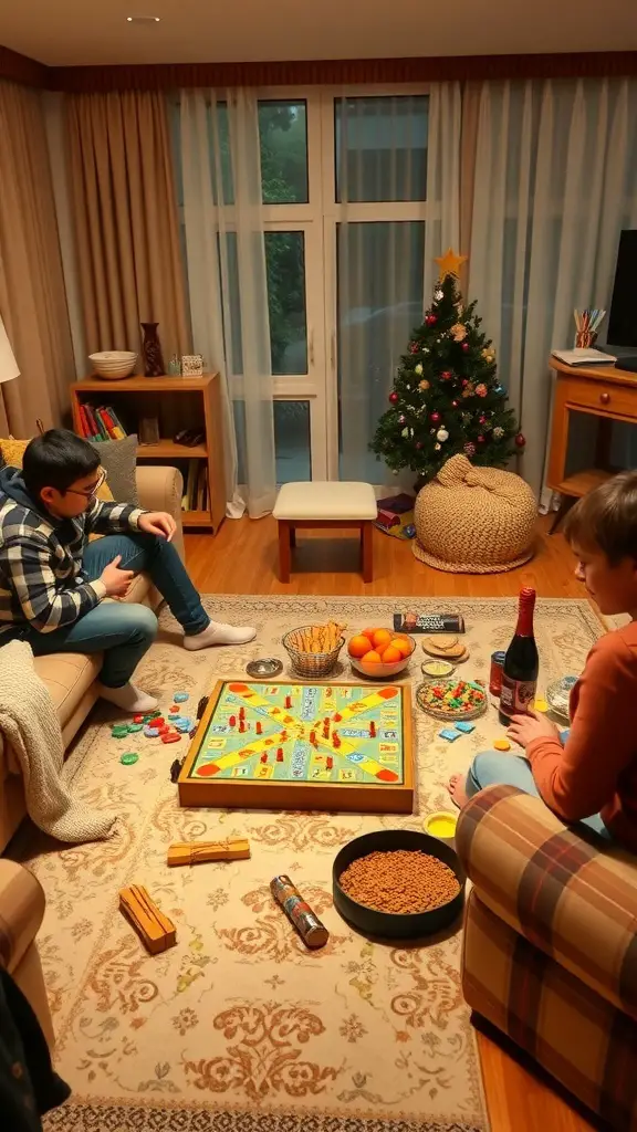 Cozy living room with a board game setup for family game night, featuring snacks and a small Christmas tree.