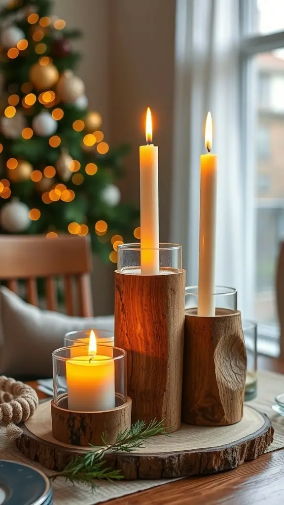 Wooden candle holders with candles lit, set on a table with a Christmas tree in the background.