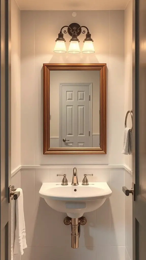 29+ Stylish Small Bathroom Mirror Ideas to Elevate Your Space 3 Small bathroom with a framed mirror and stylish lighting