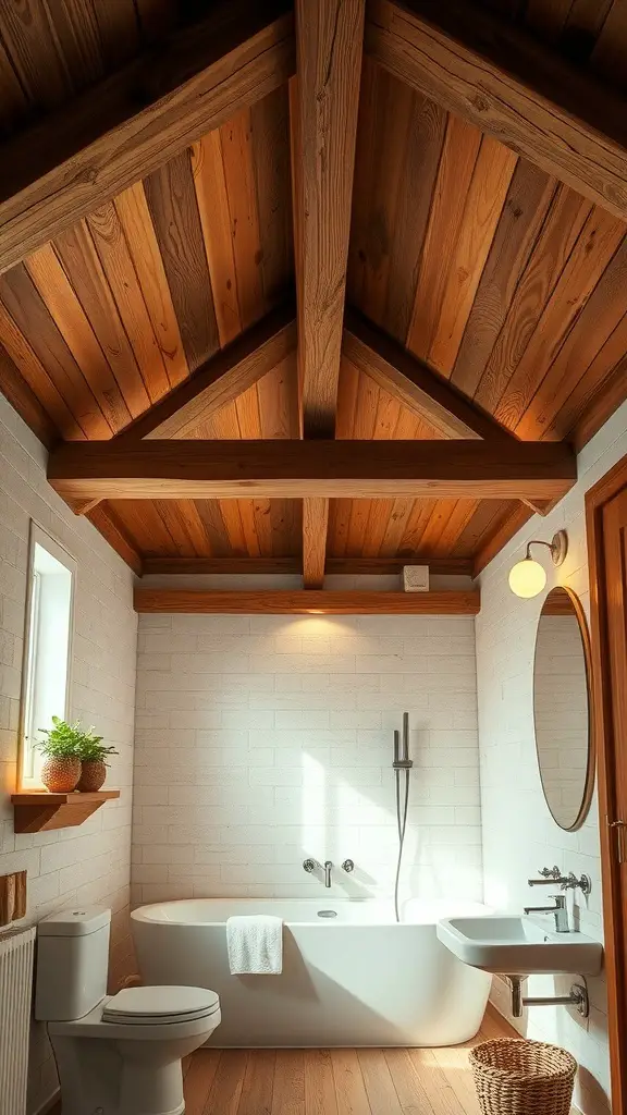 Rustic wooden beam ceiling in a bathroom