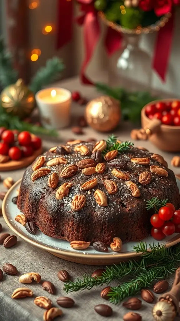 A traditional Christmas fruitcake decorated with nuts and surrounded by festive decorations.