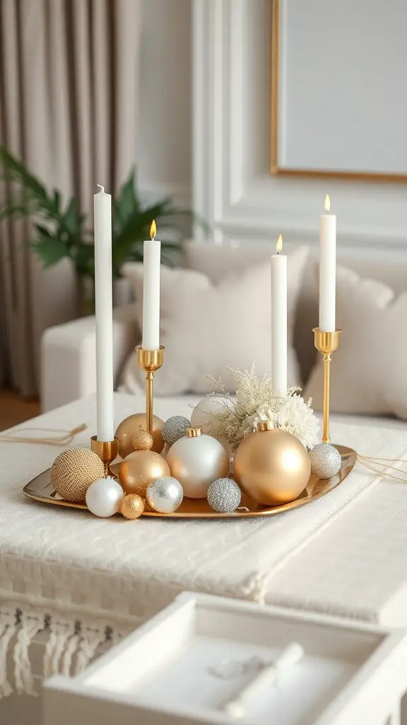 25+ Creative Christmas Coffee Table Decor Ideas to Elevate Your Holiday Style 9 Coffee table decorated with gold and white Christmas decor, featuring candles and ornaments.