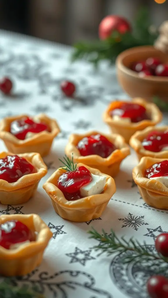 27+ Delicious Christmas Appetizers to Impress Your Guests 3 A close-up of cranberry brie bites arranged on a festive tablecloth, garnished with fresh cranberries and greenery.