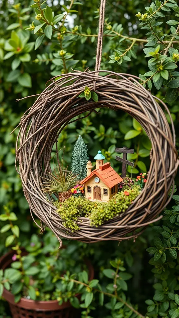 A whimsical grapevine wreath featuring a fairy garden with a small house and trees.