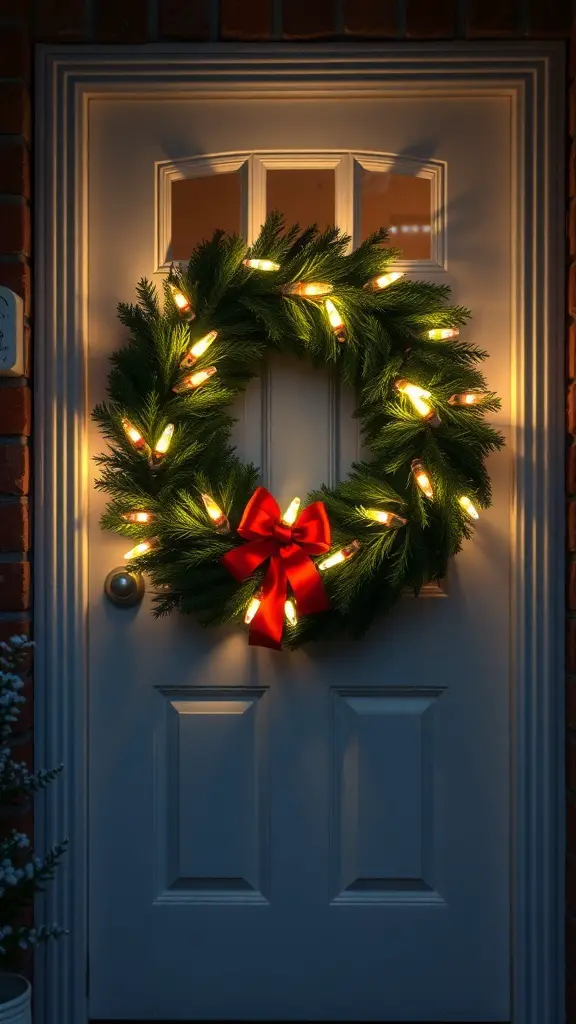 A beautifully lit wreath with a red bow hanging on a door