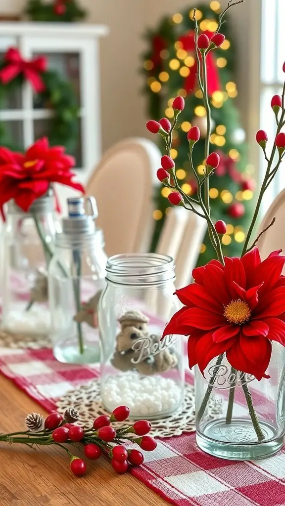 Decorative Mason jars filled with faux snow and red flowers on a table