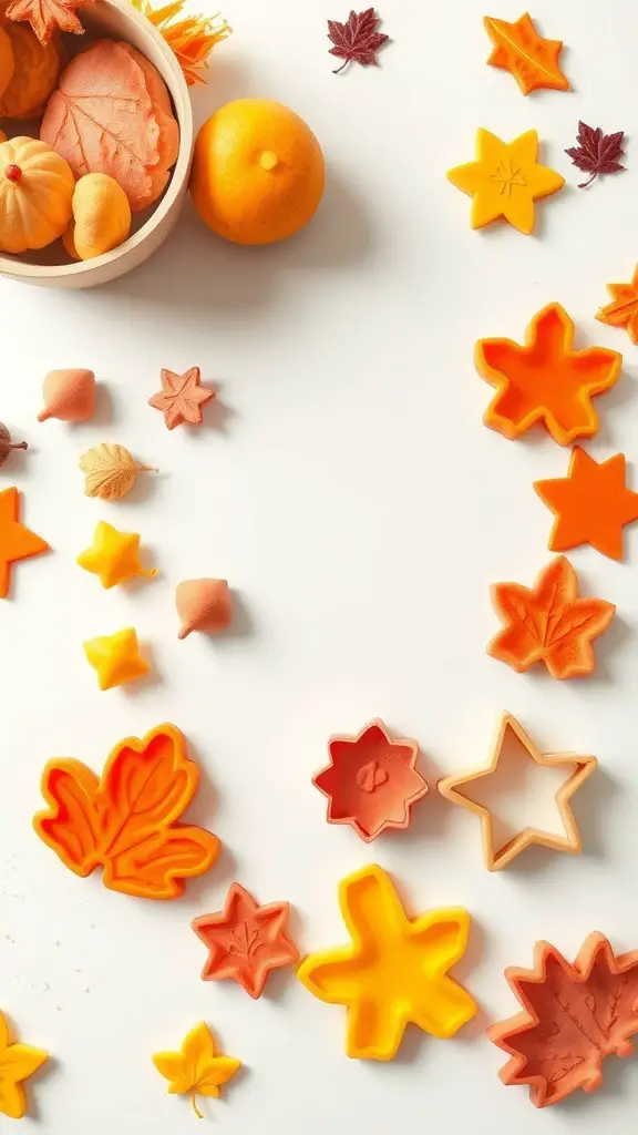 Colorful playdough shapes including pumpkins, leaves, and stars in autumn colors.
