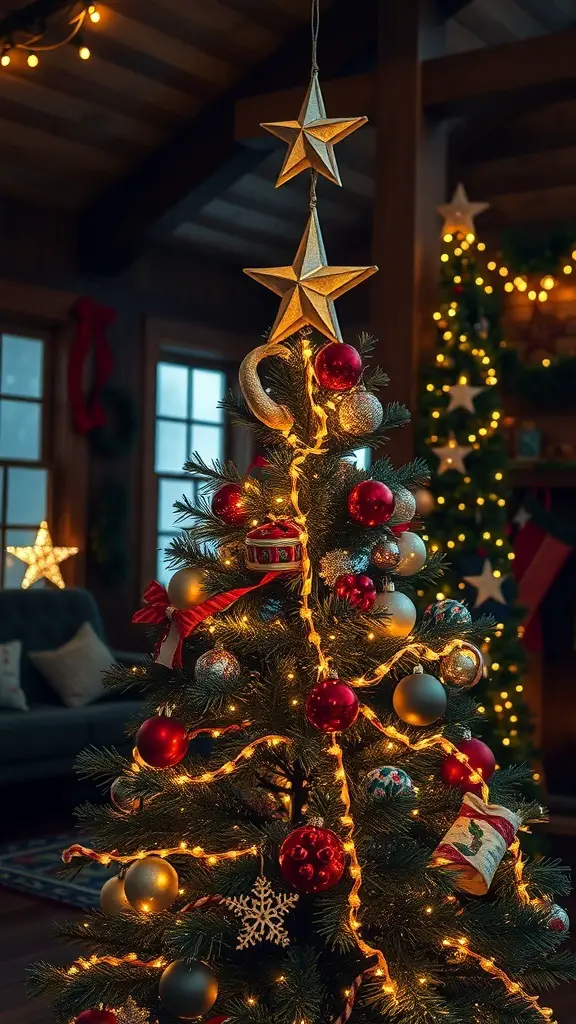 A beautifully decorated Christmas tree in a cozy cabin, featuring golden stars on top and colorful ornaments.