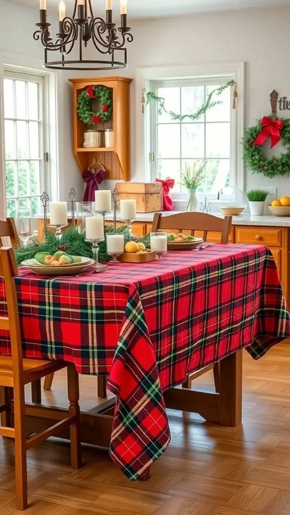 A kitchen table decorated with a plaid tablecloth, candles, and holiday accents.